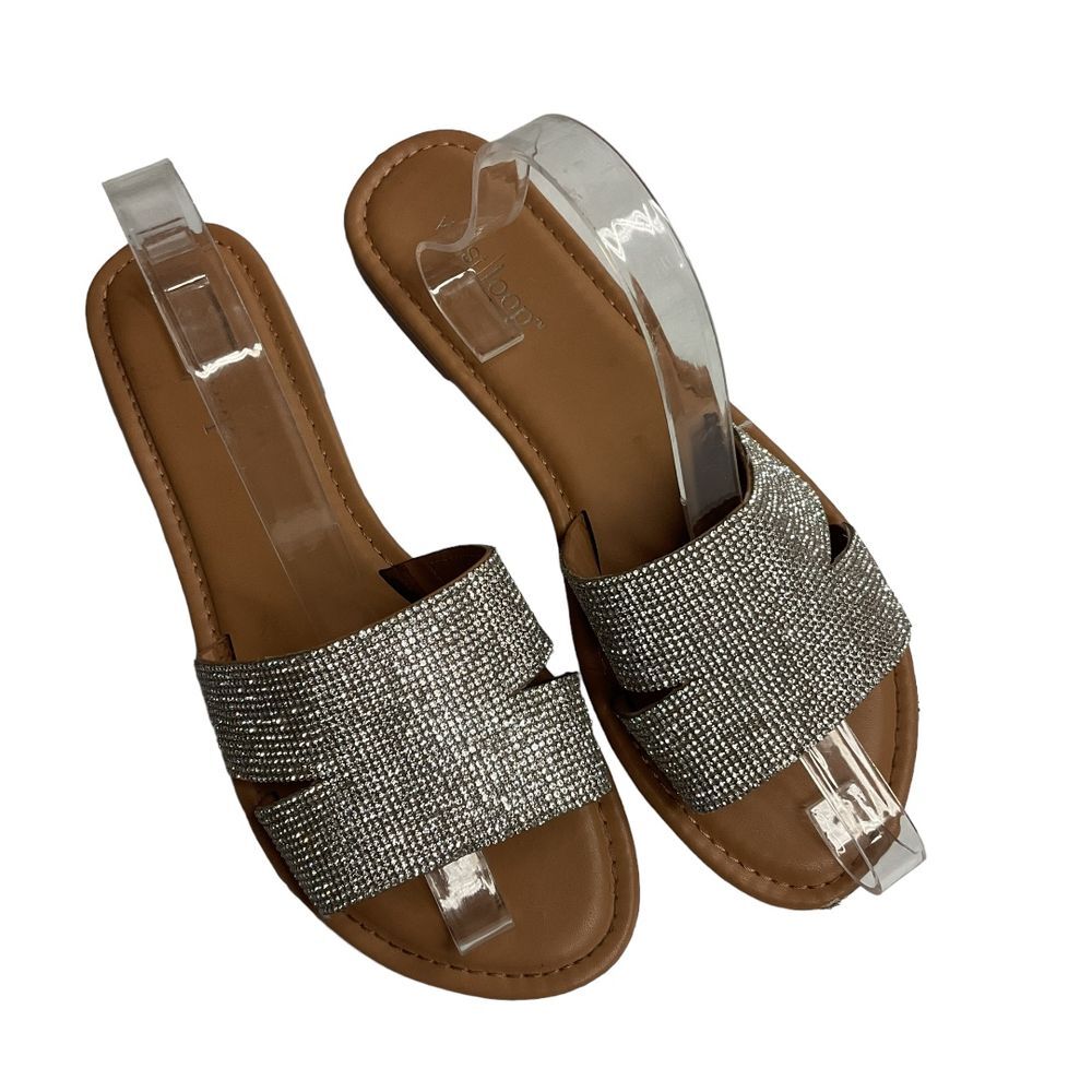 West Loop Women's Rhinestone Slide Sandals Sz L 9/10 Silver Slip On Open Toe